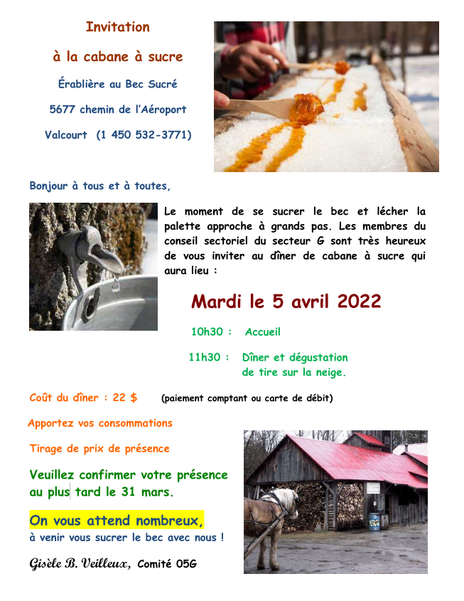 Activité « Cabane à sucre 2022 » -- Photo de la page PDF de présentation