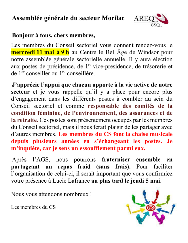 Assemblée générale sectorielle -- Mercredi le 11 mai à 9 h.