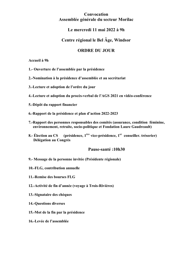 Assemblée générale sectorielle -- Mercredi le 11 mai à 9 h.