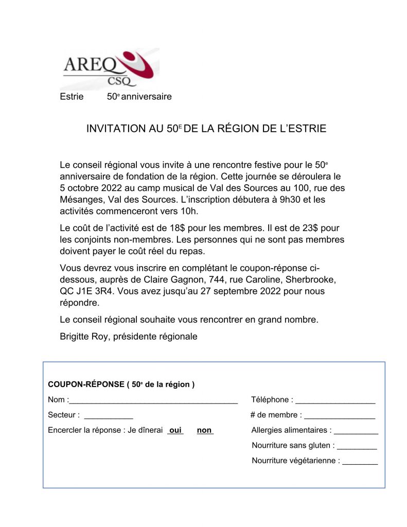 Invitation au 50e de l'AREQ-Estrie