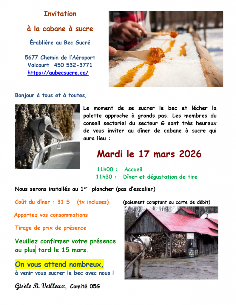 Invitation à la cabane à sucre « Au Bec Sucré » de Valcourt.